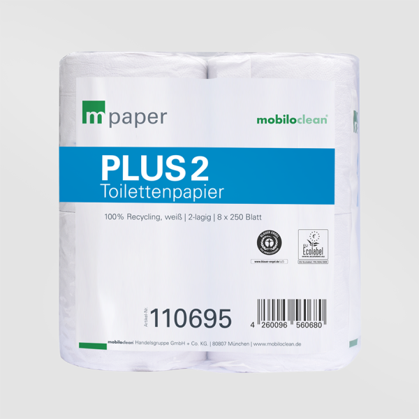 mpaper Toilettenpapier Plus² 2-lagig weiß, 64 (=8x8) Ro. à 250 Blatt 